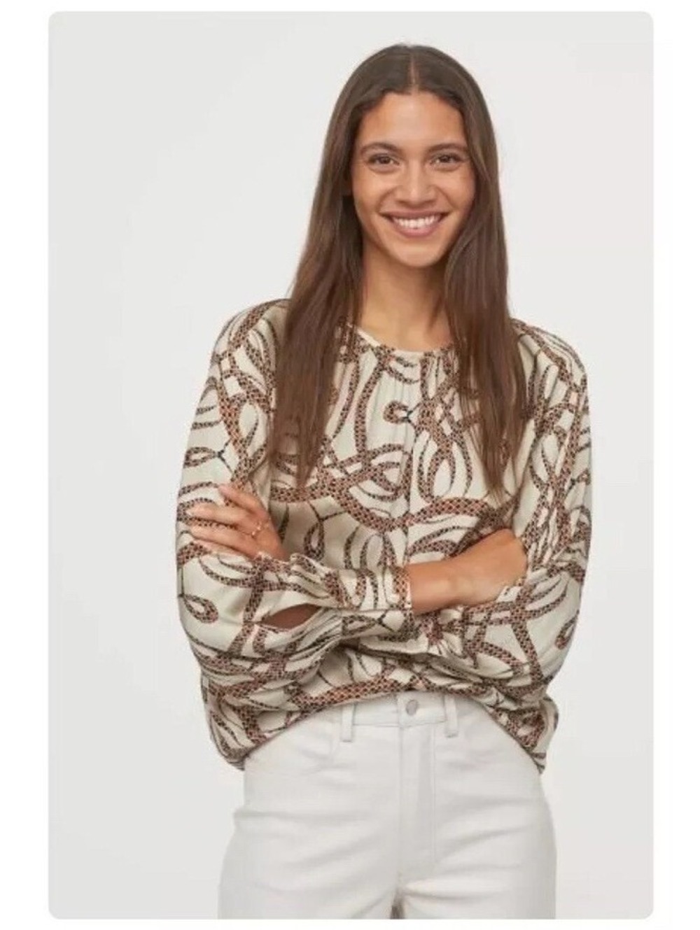 Richard Allan x H&M Printed Long Sleeve Blouse Cream Brown Chain Print Size 12
